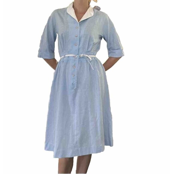 Vintage 60s 70s Nancy Greer New York Blue Shirt Waist A Line Dress Size 10 - Picture 2 of 9